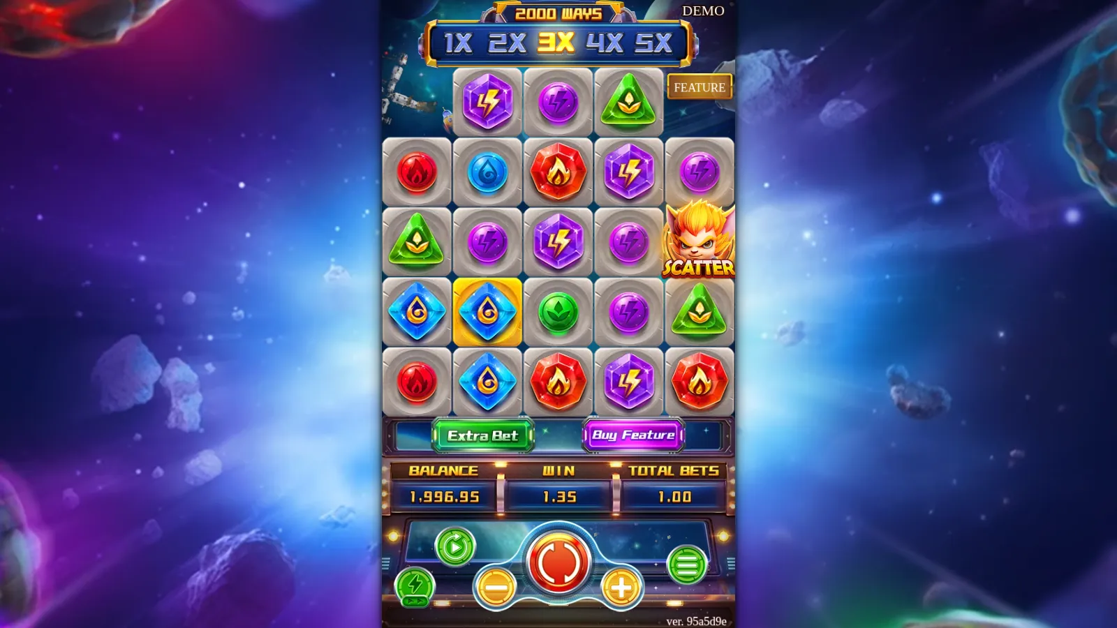Super Elements reels with the multiplier bar on 3X, a gold-backed water gem on reel 2 and a Scatter on reel 5