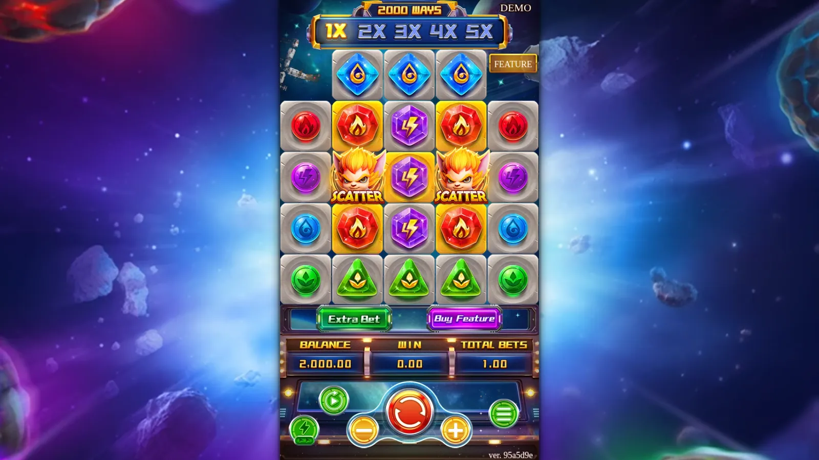 Super Elements slot reels by Fa Chai: 4-5-5-5-4 stone grid with gold tiles on reels 2 to 4 and two Scatters