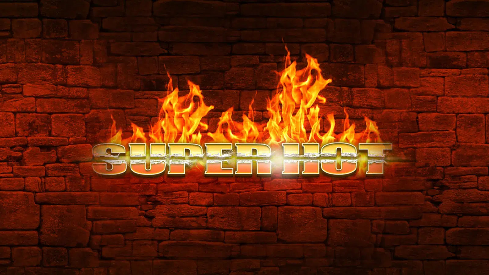 Super Hot key art, a gold logo over flames on a red stone wall
