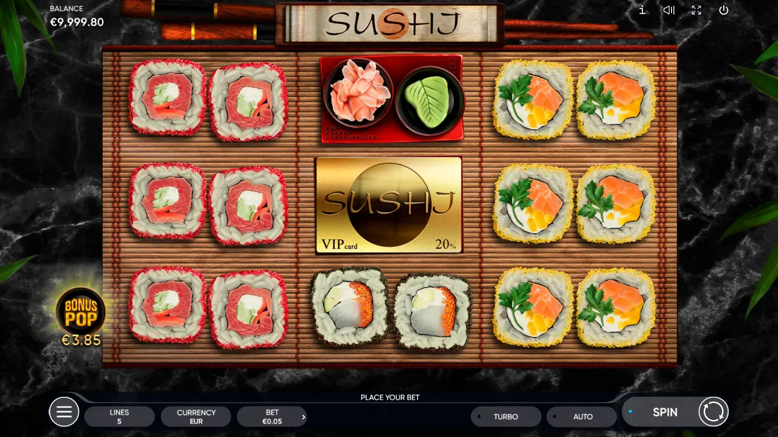 Sushi slot reels with tuna rolls on reel 1, a Wasabi Shoga tray above a VIP card and a black-rim roll on reel 2, and yellow-rim salmon rolls on reel 3