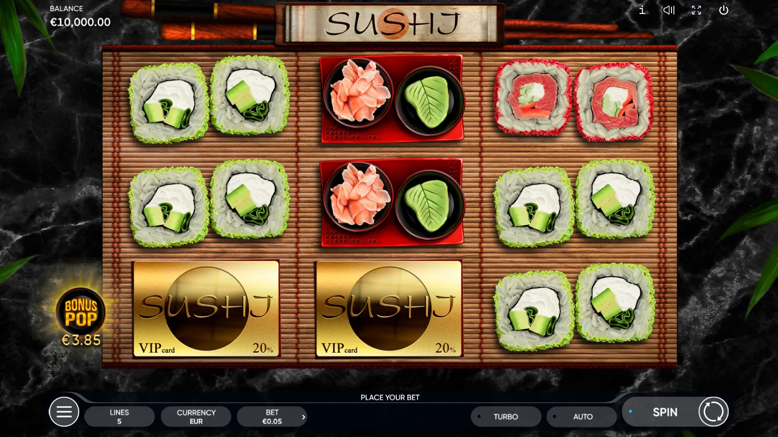 Sushi slot reels with two gold VIP card scatters on the bottom row and two Wasabi Shoga trays on reel 2