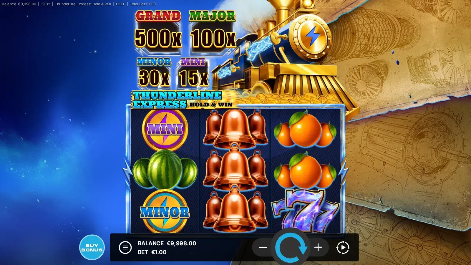 Thunderline Express: Hold & Win 3x3 reels with MINI and MINOR Jackpot Coins on reel 1