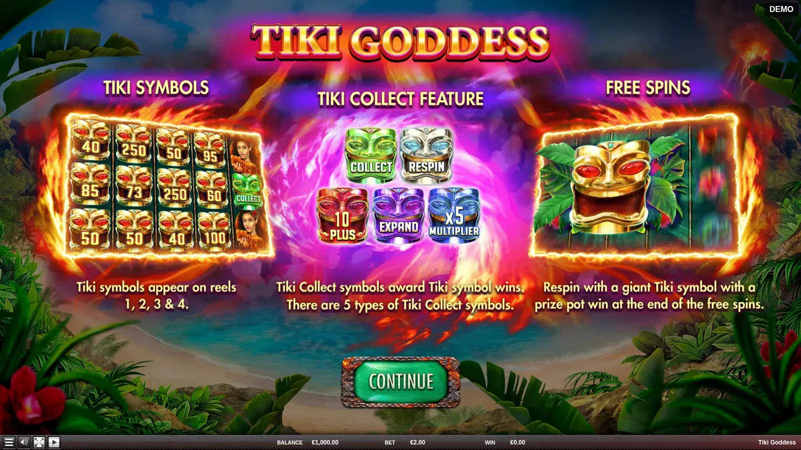 Tiki Goddess intro screen with the five Tiki Collect masks and the giant gold Tiki