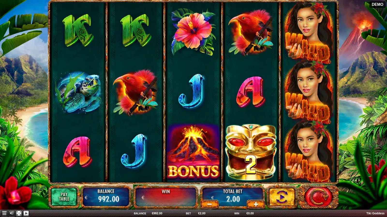 Tiki Goddess reels with three goddess Wilds on reel 5, a Tiki coin on reel 4 and a BONUS volcano on reel 3