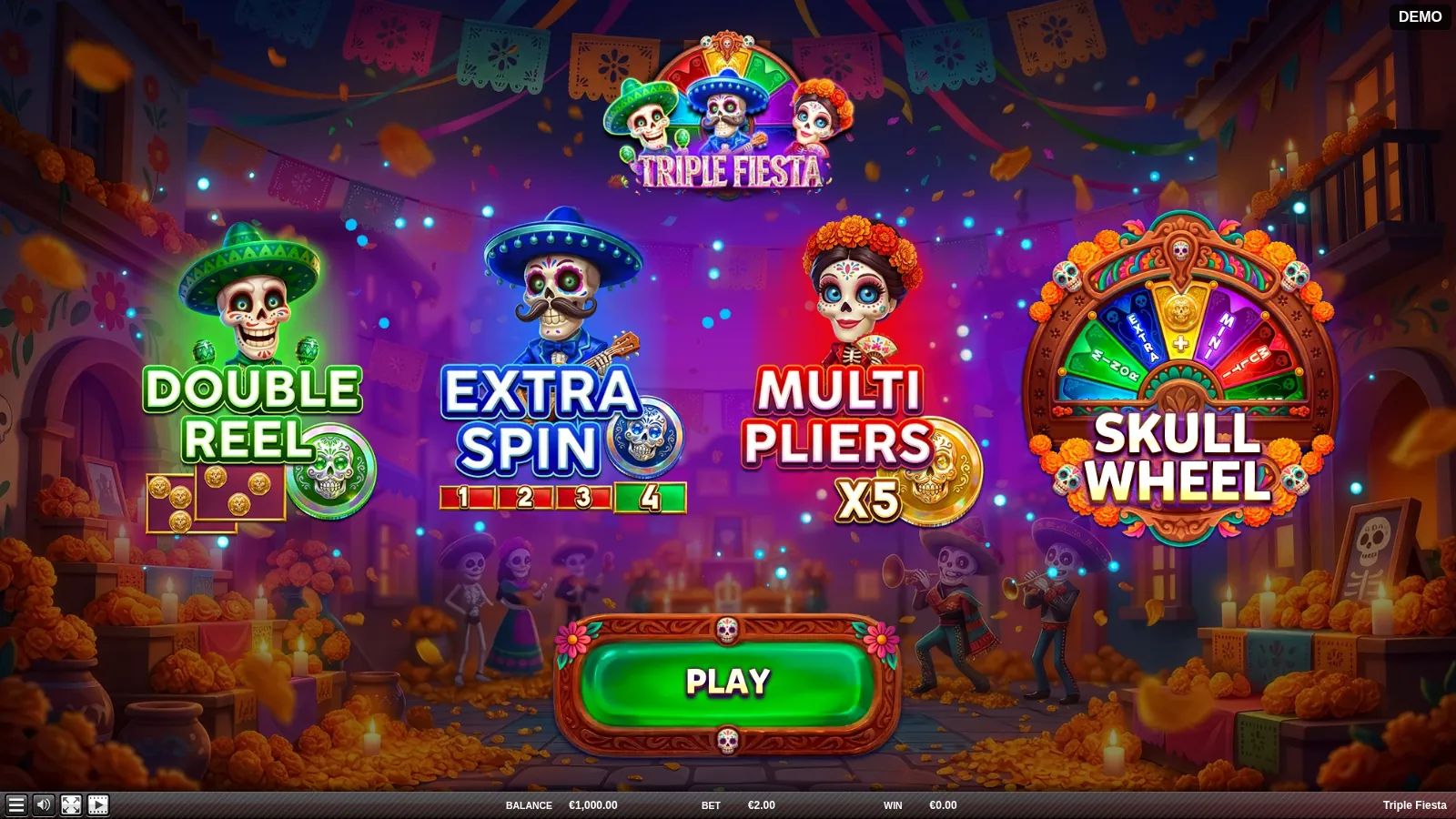 Triple Fiesta intro screen with Double Reel, Extra Spin, Multipliers and Skull Wheel cards under three skeletons