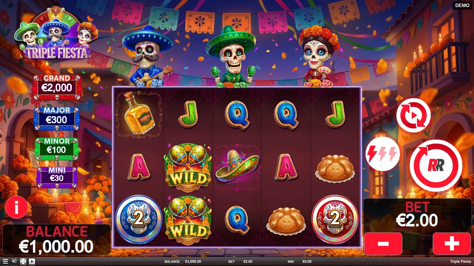 Triple Fiesta reels with two maraca Wilds and blue and red skull coins under three skeletons