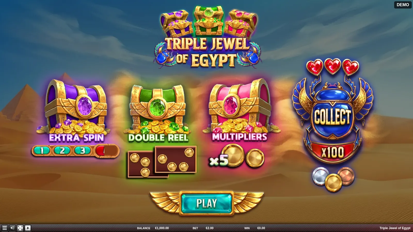 Triple Jewel of Egypt intro screen with purple, green, and pink chests and a blue COLLECT scarab