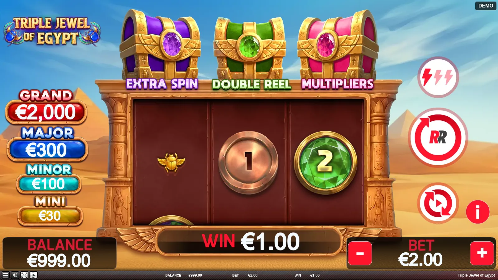 Triple Jewel of Egypt three reels with a bronze coin and a green gem under three chests