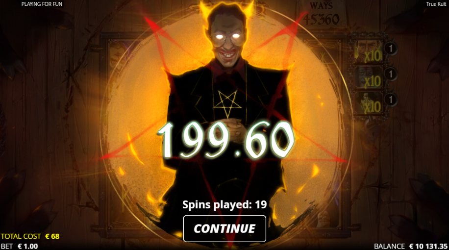 True Kult bonus round ending on 199.60 after 19 spins