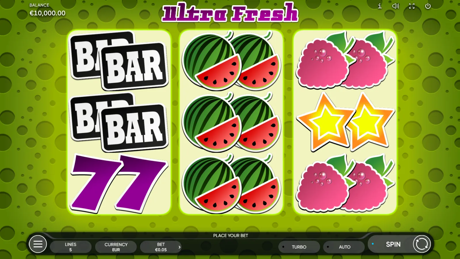 Ultra Fresh reels with watermelons filling reel 2, BAR plates and a double 7 on reel 1 and raspberries around a double star on reel 3
