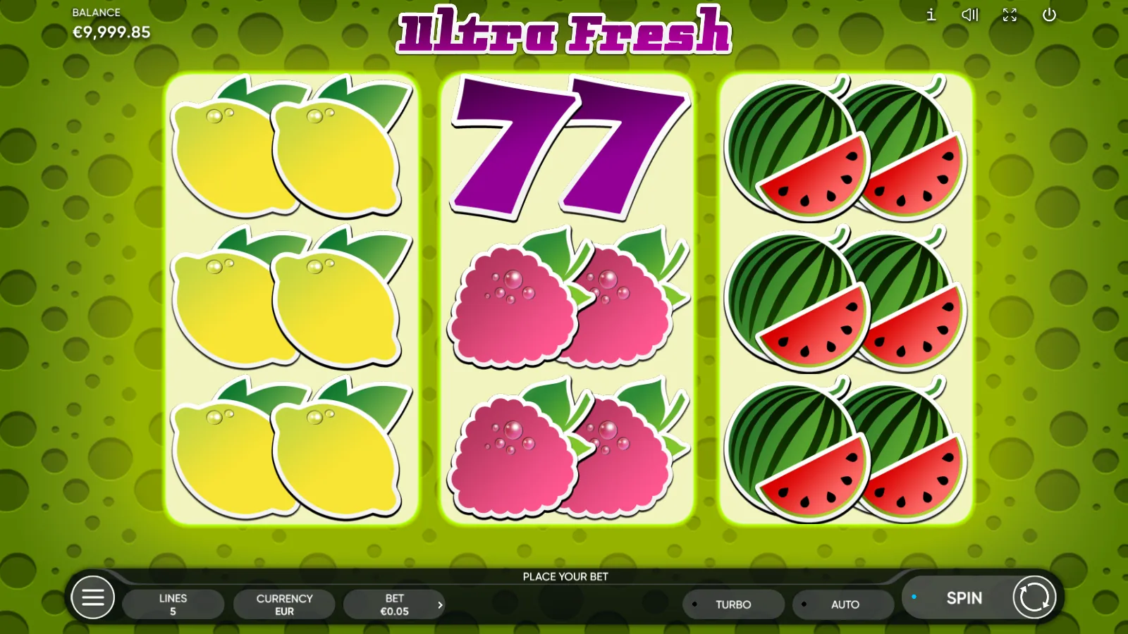 Ultra Fresh reels with lemon pairs on reel 1, a double 7 over two raspberry pairs on reel 2 and watermelon pairs on reel 3