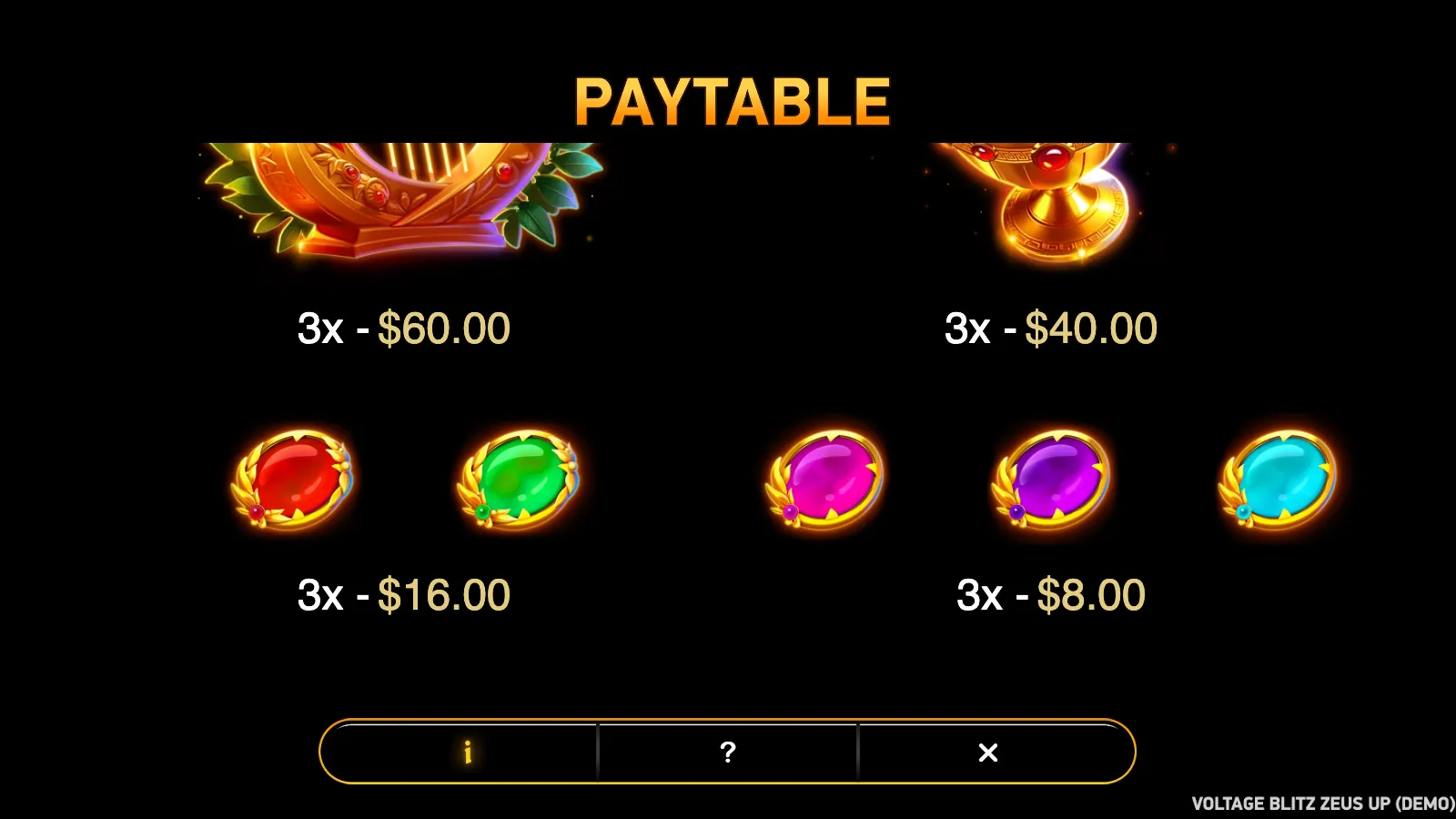 Voltage Blitz Zeus Up paytable page with the lyre, the grapes chalice and five gem symbols with their 3-of-a-kind pays