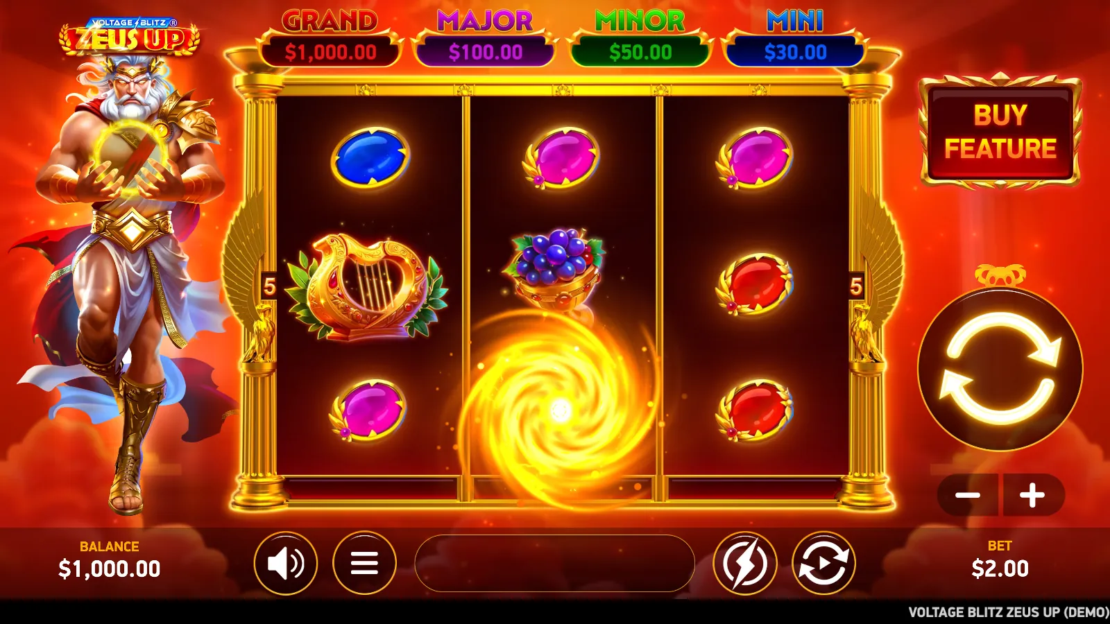 Voltage Blitz Zeus Up 3x3 reels with a lyre, grapes and gems, a VOLTAGE ORB swirl on reel 2, Zeus beside the reels and the four jackpot plaques above