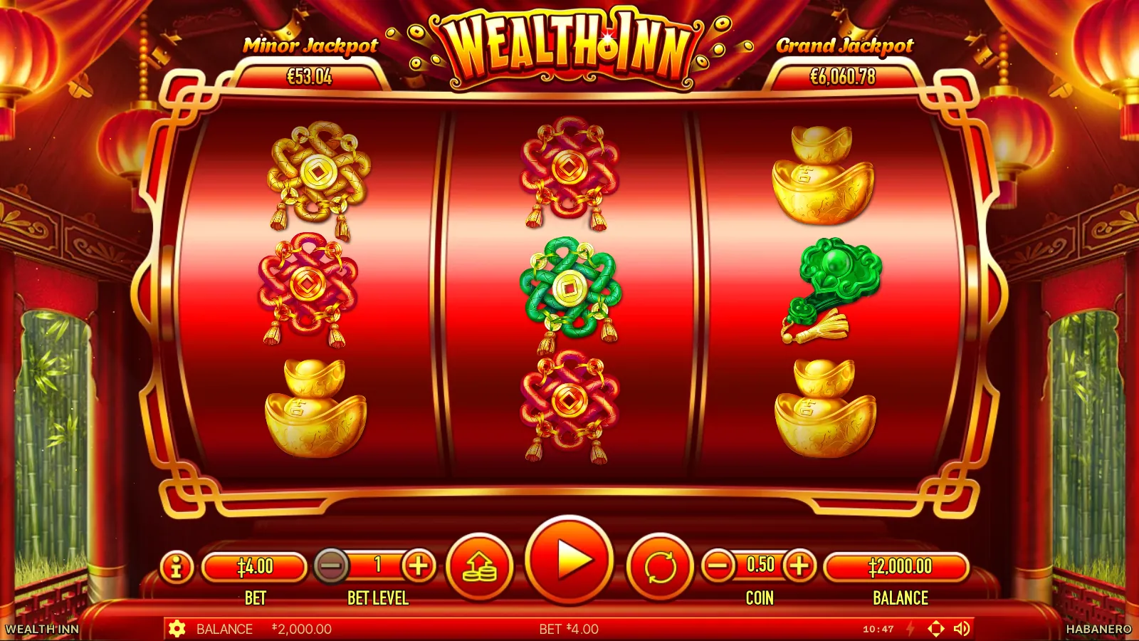 Wealth Inn slot by Habanero: three curved red reels with knots, ingots and a jade sceptre under two jackpot meters