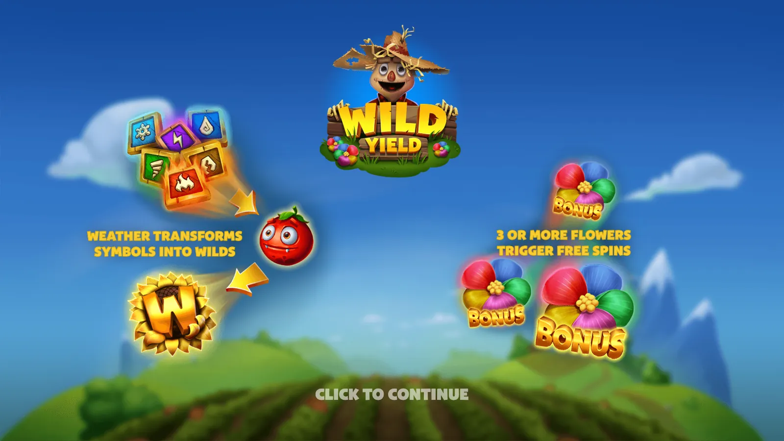 Wild Yield splash with six weather tiles, a tomato, the sunflower Wild and three BONUS flowers