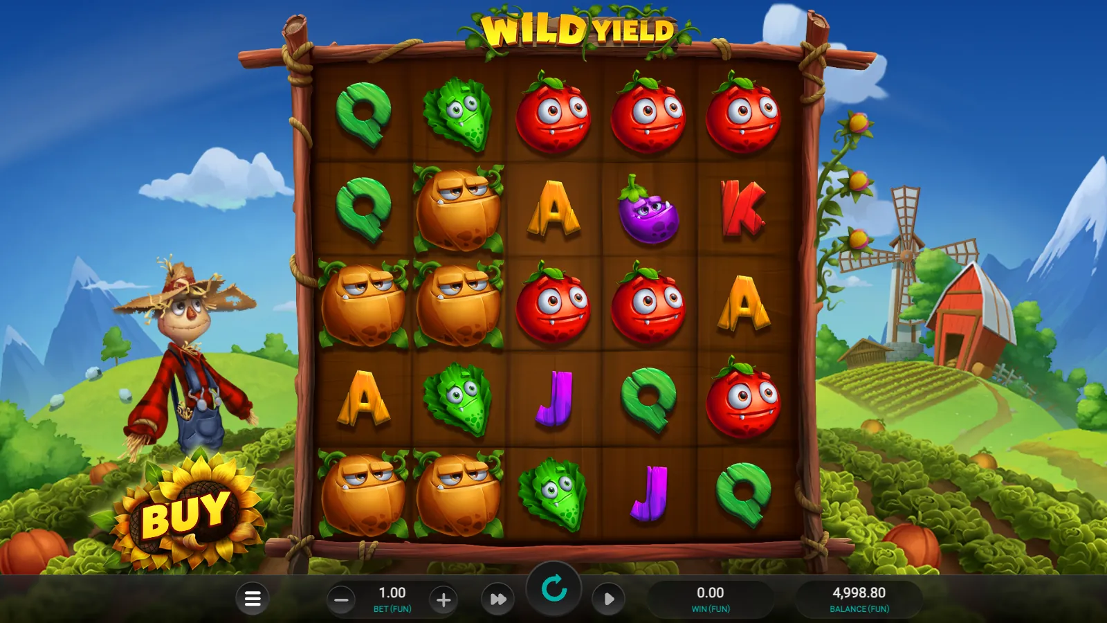 Wild Yield 5x5 board with three tomatoes across the top row from reel 3 and pumpkins on reels 1 and 2