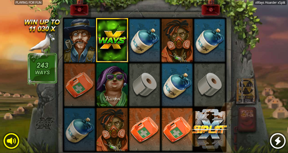 xWays Hoarder xSplit at 243 ways, an xWays lit on the middle reels and an xSplit marker on reel 5, both mechanics on the board at a 1.00 bet.