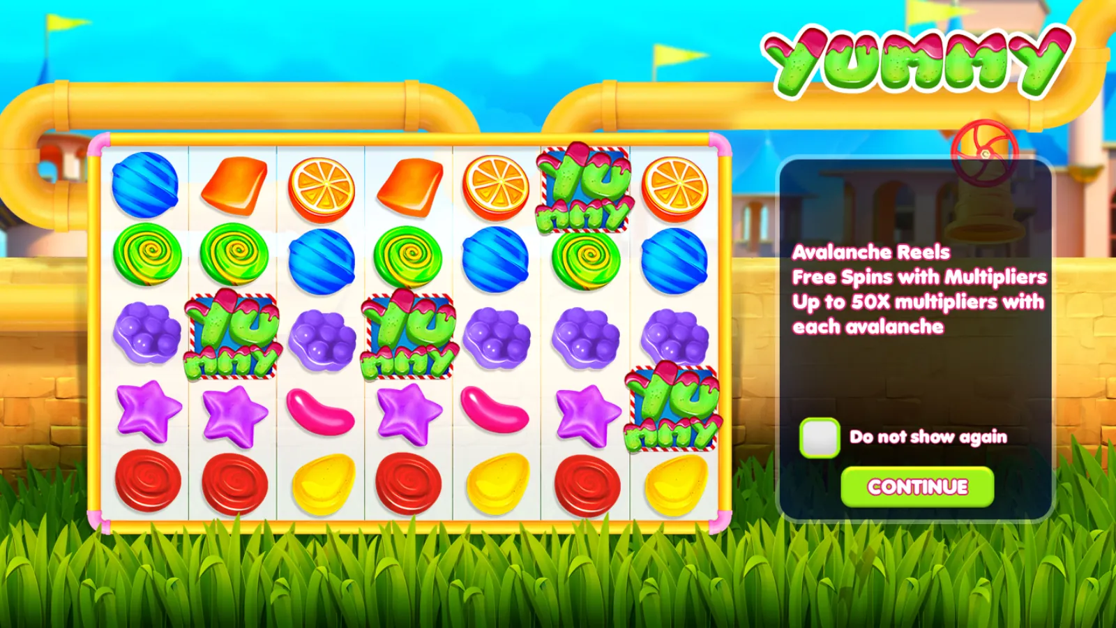 Yummy intro card beside a 7x5 candy grid with four Yummy scatter tiles and yellow pipes overhead