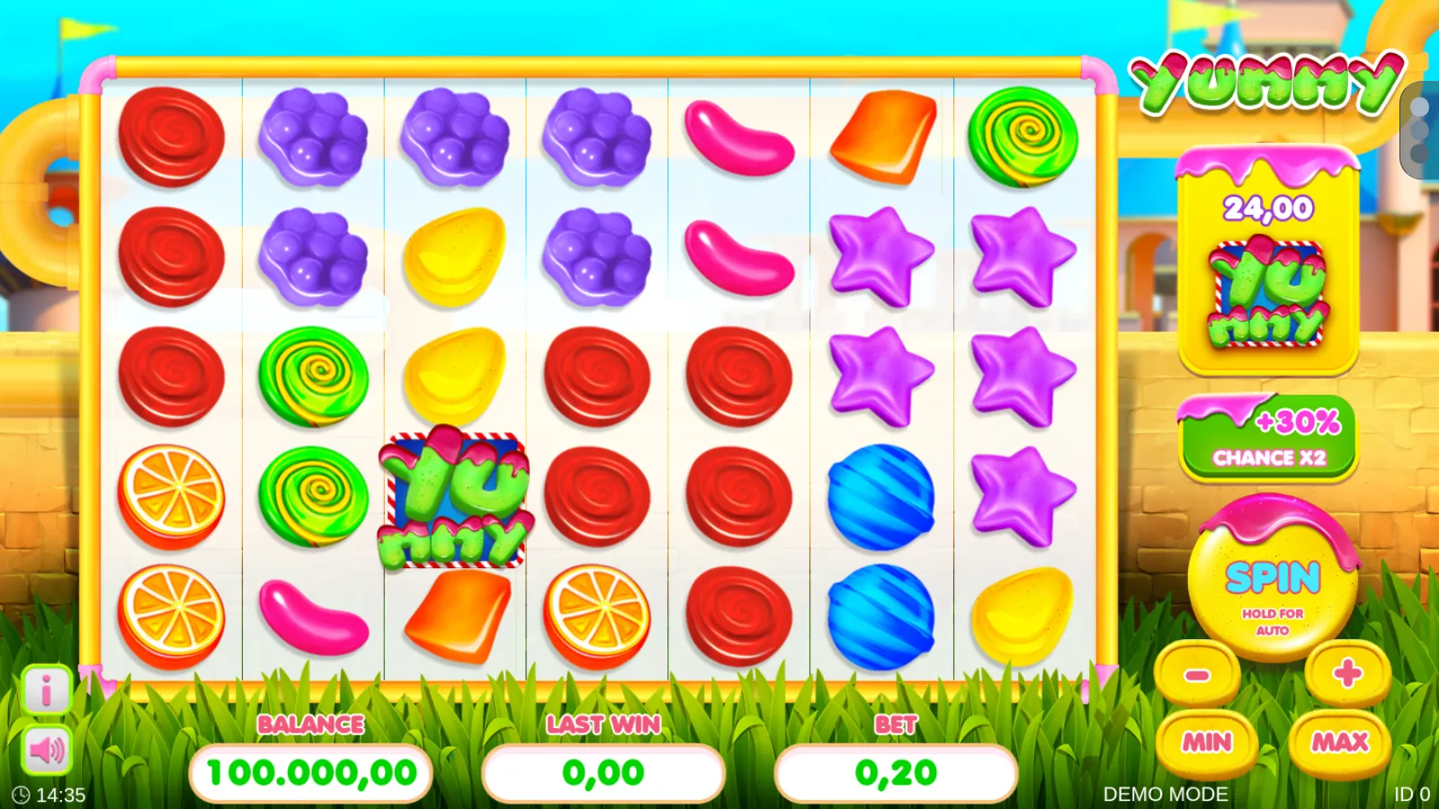 Yummy reels: 7x5 candy grid with one Yummy scatter on reel 3, a buy tile and a Chance X2 switch at the side