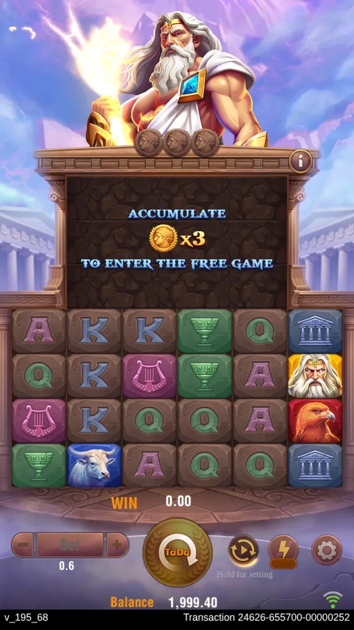 Zeus slot 6x4 reel grid with Zeus holding a lightning bolt above the coin ledge and ACCUMULATE x3 tablet